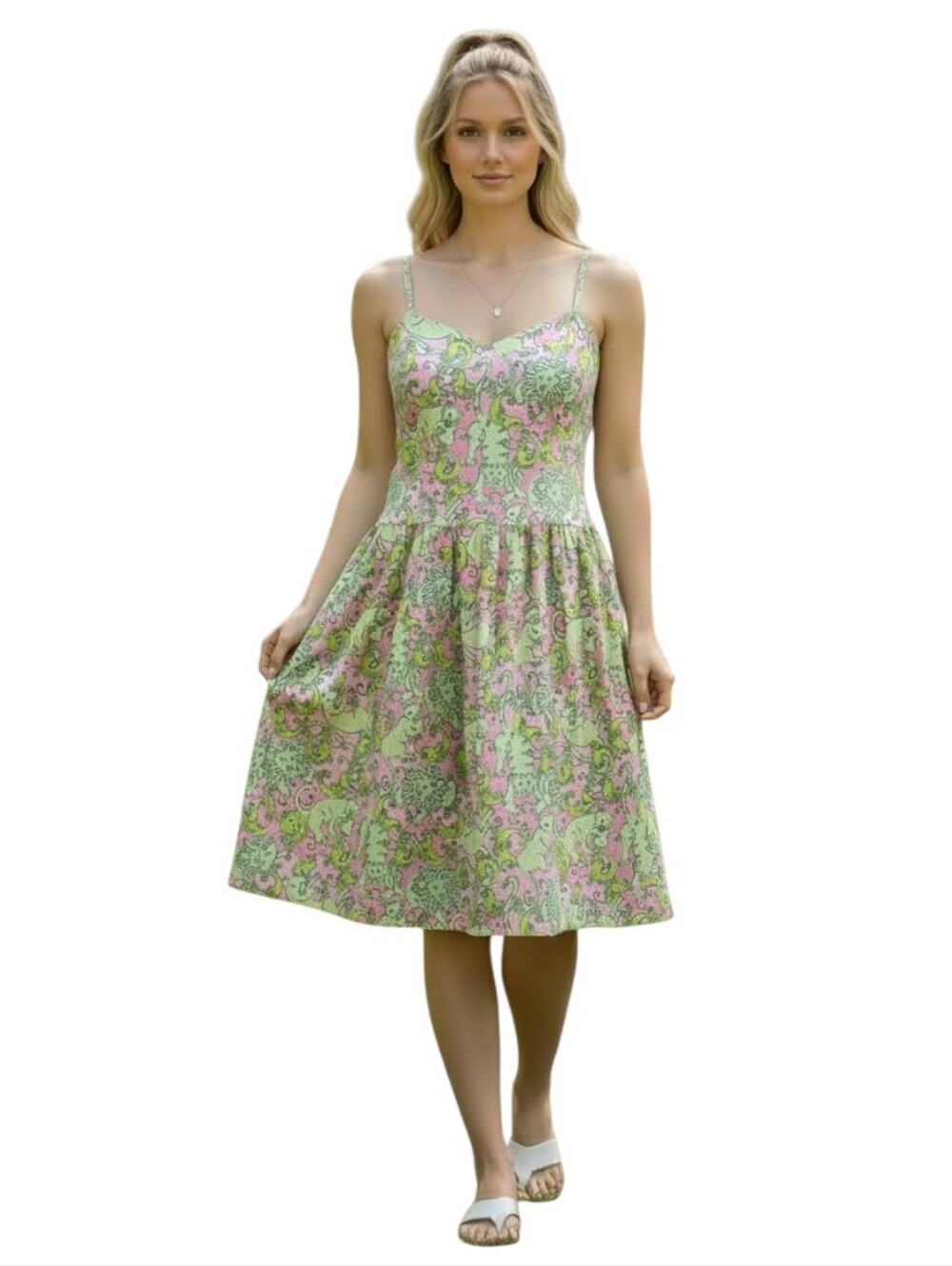 RARE Lilly Pulitzer Fried Catfish Green Pink Print Fit and Flare Cotton Dress 10